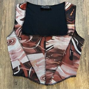 PrettyLittle Thing Mesh Sleeveless Brown Printed Cropped Square Neck Top Shirt 4